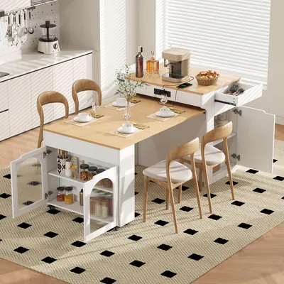 Produktbild von STILVORA Kücheninsel mit Rollen und ausziehbarem Esstisch,Anrichte mit Steckdosenleisten und 2 Schubladen,Bartisch mit Riffeglas für Küche und Esszimmer