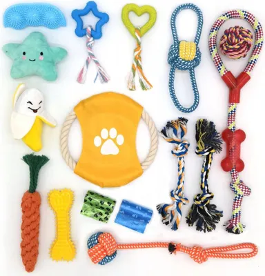 Produktbild von Hundespielzeug Set 16-teilig – Kauen, Zerren, Apportieren für Welpen & Hunde