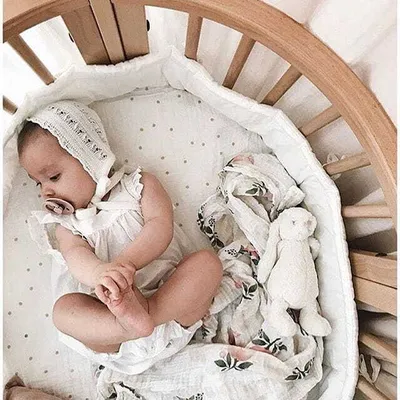 A baby lying in a crib with a pacifier and a stuffed animal.