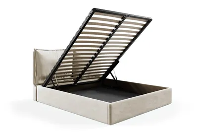 Image de Lit rembourré GUTTO GLAMMY, dimensions 200x200, structure métallique à lattes, revêtement beige en velours, tissu velouté, avec coffre de rangement intégré