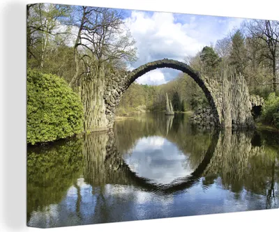 Produktbild von OneMillionCanvasses® - Leinwandbilder - 150x100 cm, Die Rakotz-Brücke in Kromlau bei bewölktem Himmel, Wandbilder Kunstdruck Wanddekoration
