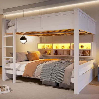 Obrázek produktu pro Patrová postel 160x200 cm se 6 úložnými skříňkami, LED osvětlením a bezpečnostní zábranou, masivní dřevo a MDF, bílá