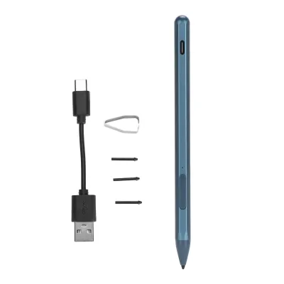 A stylus pen and its accessories are laid out on a white background.