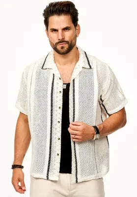 Produktbild von SOULSTAR Herren Kurzarmhemd Gestreift - Freizeithemd als Kurzam Strick Retro Hemd Herren Strick Polo-Hemd Overshirt im Regular-Fit T-Shirt