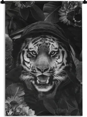 Produktbild von MuchoWow® Wandteppich Wandbehang Tiger mit Kapuze zwischen Blumen - schwarz und weiß 60x90 cm Tapisserie Dekoration Wandtuch - Foto-Teppich - Abwaschbar