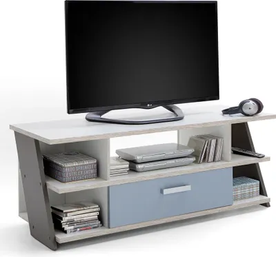 A modern entertainment center with a TV and accessories.