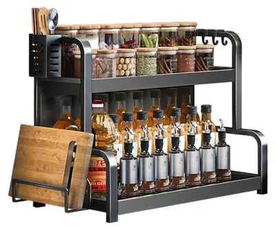 Produktbild von Freistehendes Gewürzregal, 2 Etagen, große Gewürzgläser, Küchenregal, Edelstahl-Arbeitsplattenorganizer mit Besteckhalter, Schneidebretthalter, 4 Haken, schwarz