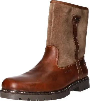 A single brown leather and suede boot is shown against a white background.