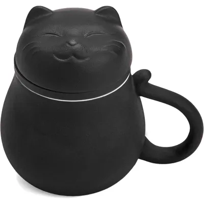 Productafbeelding van Thee beker met theefilter en deksel, 13,5 oz, keramiek, kattenmotief, zwart