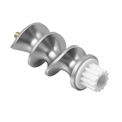 A single metal auger for a meat grinder, with a white plastic gear at one end and a brass fitting at the other.