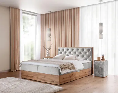 Produktbild von Kontinentales Bett 140x200 CHANTELLE 10 - Wotan-Eiche / Hellgrau + GRATIS Matratzenauflage