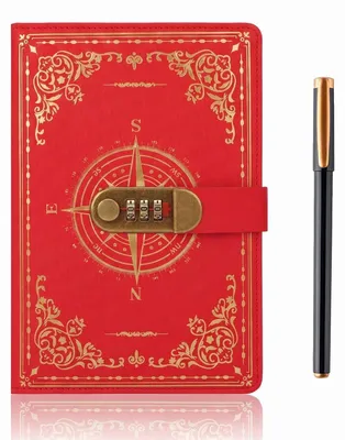 Immagine prodotto di Diario A5 con serratura, in pelle vintage, con bussola, 200 pagine di carta a righe, quaderno con penna, diario con combinazione di password, colore rosso