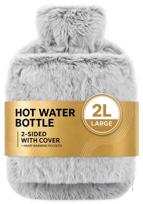 Image de Bouteille d'eau chaude avec housse en Fourrure artificielle, 2 litres, poche en caoutchouc naturel, idéale pour soulager les douleurs menstruelles