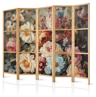 Immagine prodotto di Pannello divisorio giapponese, 5 ante, pieghevole, realizzato in tessuto non tessuto di alta qualità, con motivo di fiori colorati, ideale per il soggiorno, dimensioni 225 cm x 172 cm