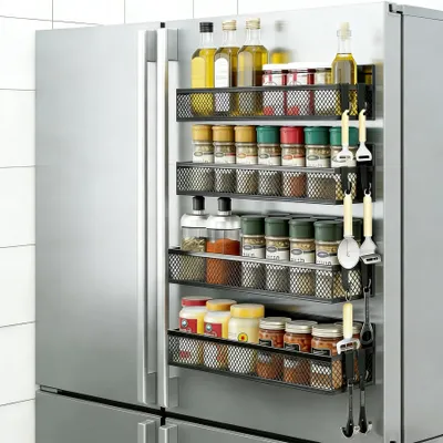 Produktbild von 4er-Set magnetische Gewürzregale für Kühlschrank, bohrfreie Gewürzorganisation mit starken Magneten, aus Stahl, für Küche, Mikrowelle und Waschmaschine, schwarz