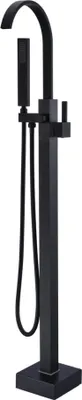 A black freestanding bathtub faucet with a handheld showerhead.