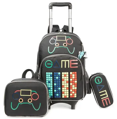 Produktbild von Schultrolley mit Rollen für Mädchen, abnehmbarer Rucksack, Schwarz, 42x30x19cm