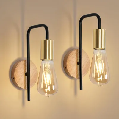 Produktbild von Osairous Wandleuchte Innen 2 Stücke, Industrielle Wandlampe aus Eisen, Retro Wandbeleuchtung für Schlafzimmer, Treppe, Bar, IP20, E27, Holzfarbe, Max 40W, Ohne Glühbirne – Holz Gold, Größe 25 * 15 * 7