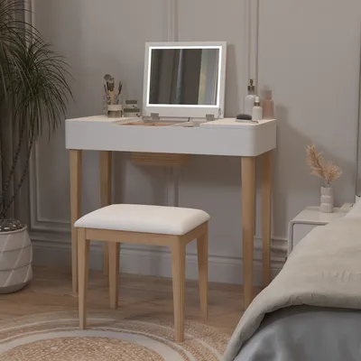 Image de AIORBER Coiffeuse, pieds en bois massif, avec deux compartiments de porte, miroir pliable， laqué blanc, montage facile,pour chambre à coucher, 83,6x40x75cm, blanc
