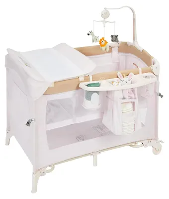 Produktbild von Baby Reisebett Laufstall - 5-in-1 Beistellbett Kinderbett - Faltbar, mit Wickelauflage, Schaukelwiege, Musik-Mobile, Rollen - Rosa