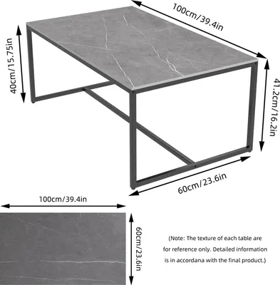 Produktbild von Rechteckiger Couchtisch - Moderner Wohnzimmertisch - 100x60x43 cm - Tischplatte aus Sinterstein - Stabiles Eisengestell - Minimalistisches Design - Ohne Stauraum - Belastbar bis 150 kg - Grau