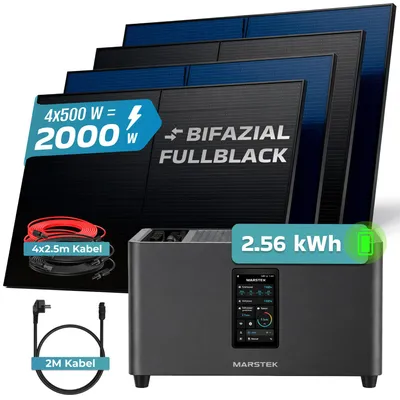 Produktbild von SUNNIVA® 2000W Balkonkraftwerk mit 2,24 kWh Speicher MARSTEK Jupiter C + Plus, 4x500W BIFAZIAL FULLBLACK komplett Steckdose, Solaranlage Solarspeicher
