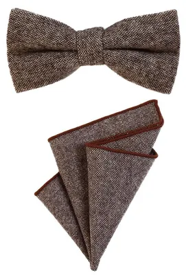 Produktbild von DonDon Herren Fliege 12 x 6 cm gebunden längenverstellbar und Einstecktuch 23 x 23 cm farblich passend aus Baumwolle braun schwarz beige