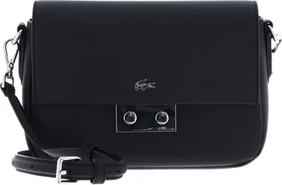 A black Lacoste crossbody bag is shown against a white background.