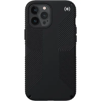 A black Speck Presidio2 Grip phone case for an iPhone 12 Pro Max is shown from the back on a white background.