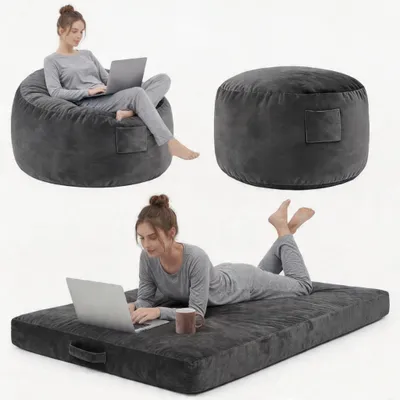 Immagine prodotto di Pouf con memory foam - 2 in 1: pouf e letto - Extra grande, 120 cm - Trasformabile - Rivestimento in velluto lavabile - Adatto per adulti e adolescenti - Grigio