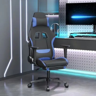 A gaming chair with a footrest is shown in a modern room with neon lighting.