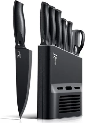 Produktbild von Unyqoos® 7‑teiliges Kochmesserset mit Messerblock – 20 cm Kochmesser, 20 cm Brotmesser, 7 Zoll Santoku, 12,5 cm Universalmesser, 3,5 Zoll Schälmesser, Schere, Edelstahl mit Keramik-Antihaftbeschichtung