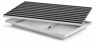 Produktbild von POLENTEX Aluminium-Fußmatte mit Ablaufwanne – 60x40 cm, 22 mm Profilhöhe & 80 mm Gesamteinbautiefe, Korrosionsbeständiger mit Schwarzen Bürsteneinsätzen