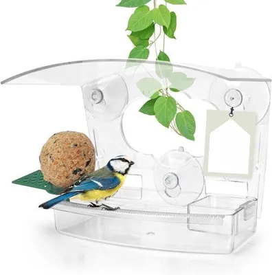 Produktbild von Famanu Vogelhaus 3-in-1 - transparent und wetterfest - mit Meisenbollenhalter, Fruchthalter und Vogelbad