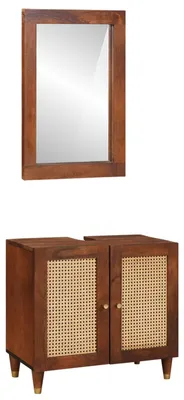 Image de Cabinet de salle de bain 2 pcs Noir et or Bois de mangue massif