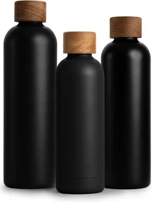 Produktbild von Famanu Trinkflasche 500 ml - Edelstahl mit Acaciaholzdeckel, isoliert, anthrazit