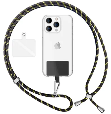 Produktbild von NALIA Universal Lanyard mit 2 Pads & Karabinerhaken - 160cm Handykette zum Umhängen -  Schwarz Gelb