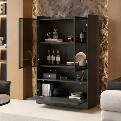 Produktbild von okwish Vitrine Sideboard mitmehrfarbiger LED-Beleuchtung,Glasvitrine mit Glastüren,Beistellschrank Aufbewahrungsschrank mit Klapptür,Schwarz
