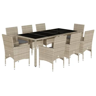 Immagine prodotto di set da pranzo da giardino 9 pezzi con cuscini in poly rattan grigio chiaro e vetro
