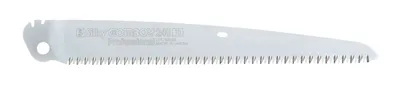 A close-up view of a saw blade against a white background.