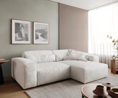 Produktbild von DELIFE Ecksofa Sirpio 230x155 cm Bouclé Creme-Weiß Recamiere variabel