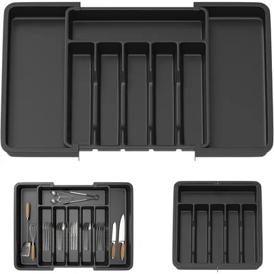 Image de Boîte à couverts - Organisateur de tiroir pour ustensiles de cuisine - Plastique - Rectangulaire - 33 x 38 x 5 cm - Noir