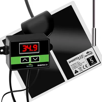 A heating mat with a digital thermostat and temperature display.