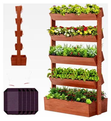 Produktbild von Vertikales Holzhochbeet Premium Blumenkästen für Balkon, 5 Etagen, Outdoor Blumentreppe, Pflanztreppen für Gemüse und Kräuter, Balkon Garten Terrasse Dekoration