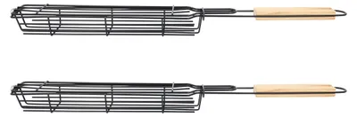 Immagine prodotto di Portagriglia Krumble - BBQ - set di 2 - cesto per grigliare - accessori per grigliare - griglia per verdure - pinza per BBQ - cesto per pesce - cesto per carne - cesto per spiedini - utensili da cucina - acciaio inox - legno - 5 x 49 x 3,5 cm