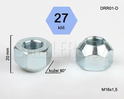 Obrázok produktu pre Kolová matica M16x1,5 otvorená kužel Range Rover, kľúč 27, DRR01-D výška 20 mm