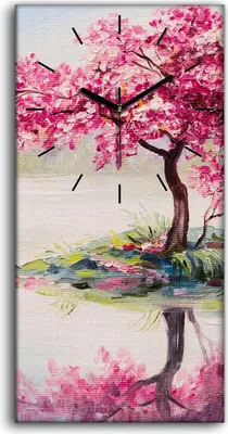 Produktbild von Leinwand Uhr Küche Wohnzimmer Bild 30x60 Kunst Malerei Landschaft Kirschbaum - schwarze Hände