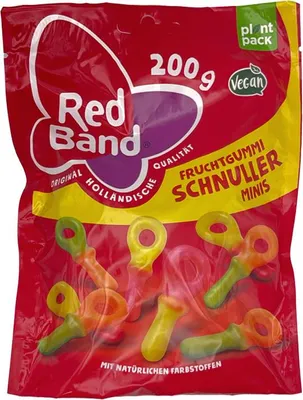 Produktbild von Open Food Fruchtgummi Schnuller Minis - Red Band, Palmöl, B, e100, e14xx, e270, e901, Kurkumin), schwarze johannesbeere (bienenwachs), modifizierte stärke, saflor, pflanzliche öle..., 345 kcal, 43 g