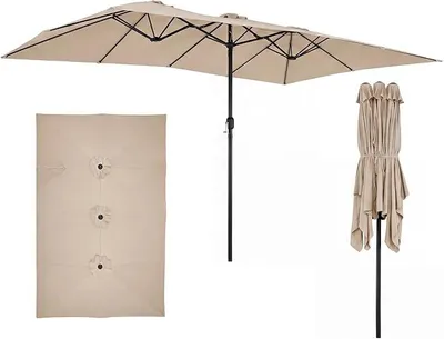 Image de Parapluie double, 426 x 265 cm, parasol rectangulaire, protection UV, grand parasol XXL pour jardin, parasol pour terrasse avec manivelle, parasol de marché pour piscine, terrasse, jardin (marron)