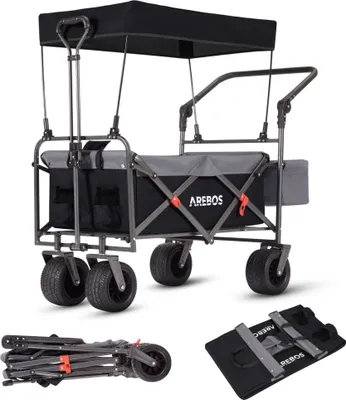 A black and gray AREBOS folding wagon with a canopy, shown from a slightly elevated front-left angle. The wagon has four large wheels and a handle. A folded version of the wagon and its storage bag are shown in the bottom right and bottom left corners, res